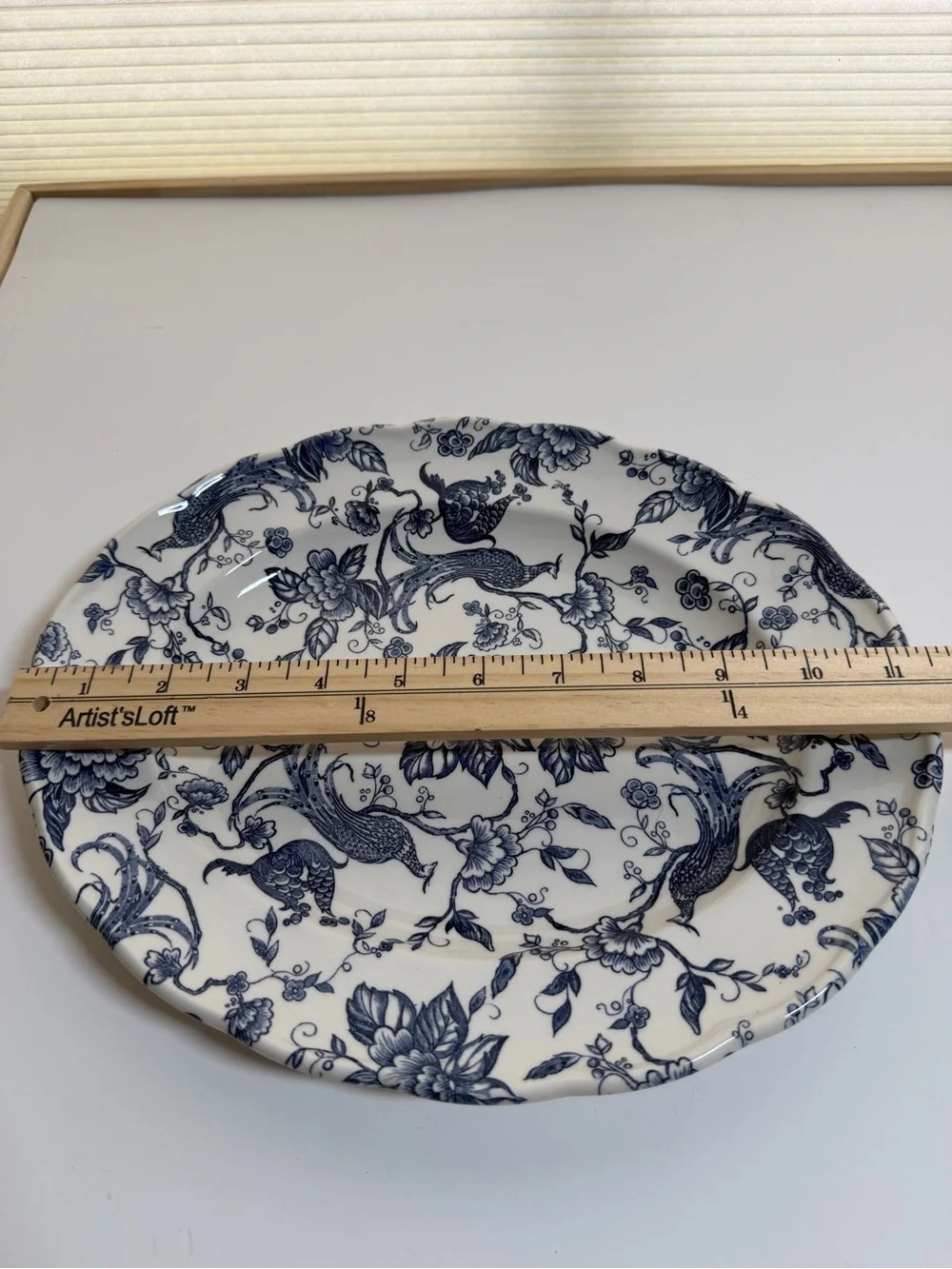 Ravensdale Blue and White Floral Pottery Serving Platter. Peacock toile